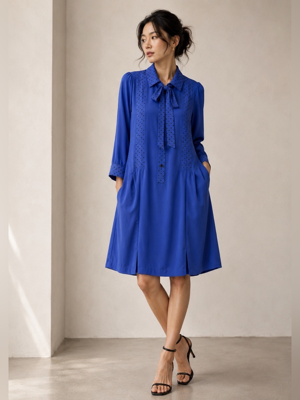 Vintage Royal Blue Polka Dot Tie-Neck Midi Dress Approx L